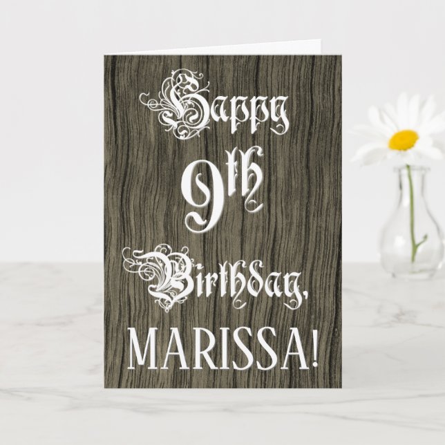 9th Birthday: Fancy, Elegant Text; Faux Wood Look Card (Small Plant)