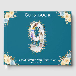 9th Birthday Flower Teal Photo Collage Blue Yellow Guest Book