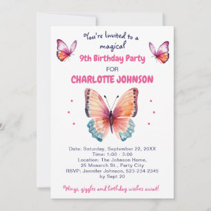 9th Birthday For Girl with Pretty Butterflies Invitation