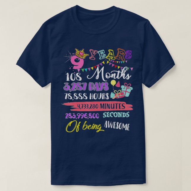 9th Birthday  For Girls 9 Years Old Being Awesome  T-Shirt (Design Front)