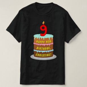 9th Birthday — Fun Cake & Candle, w/ Custom Name T-Shirt
