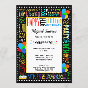 9th Birthday Fun Colour Crazy Text on Black Party Invitation