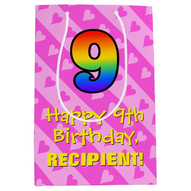 9th Birthday: Fun Pink Hearts Stripes & Rainbow 9 Medium Gift Bag (Front)