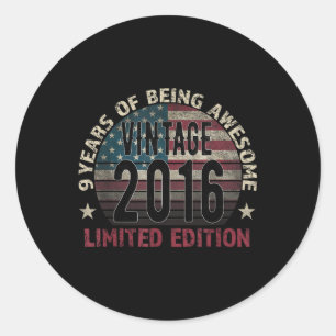 9th Birthday Gift Boy Vintage Born 2016 Turning 9  Classic Round Sticker