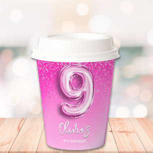 9th Birthday Gir - with Pink Number Balloon Paper Cups