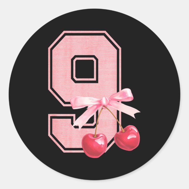 9th Birthday Girl Cherry Coquette Bow 9 Year Old G Classic Round Sticker (Front)