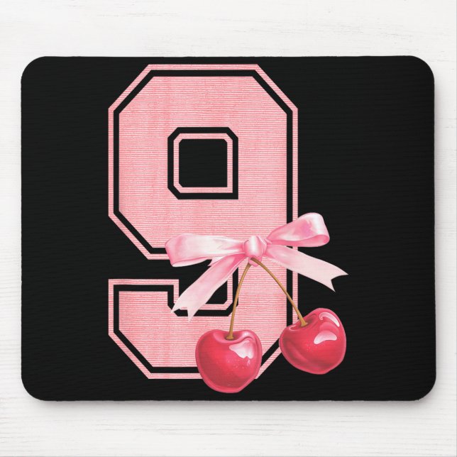 9th Birthday Girl Cherry Coquette Bow 9 Year Old G Mouse Pad (Front)