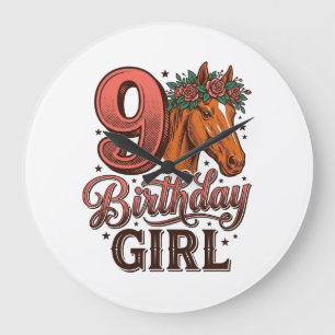 9th Birthday Girl Horse Floral Vintage Design Large Clock