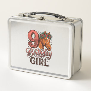 9th Birthday Girl Horse Floral Vintage Design Metal Lunch Box