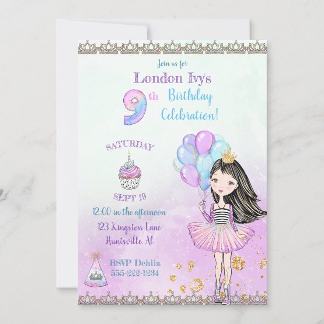 9th Birthday Girl Princess Cupcake Balloons Invitation (Front)