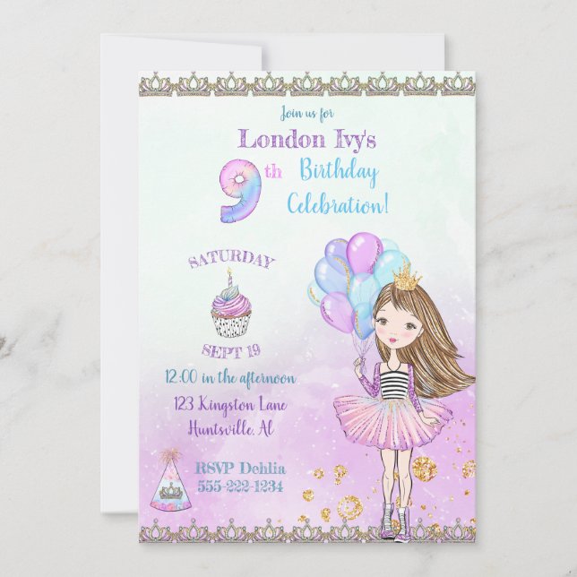 9th Birthday Girl Princess Cupcake Balloons Invitation (Front)