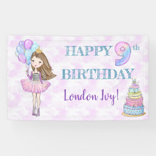 9th Birthday Girl Princess Lavender Turquoise Banner