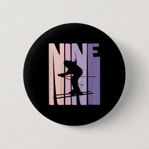 9th Birthday Girl Retro Ski Lover Skier 9 Years Ol 6 Cm Round Badge