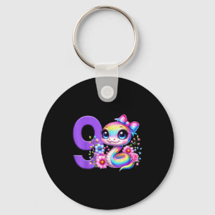 9th Birthday Girl Snake Party Rainbow Coquette Bow Key Ring