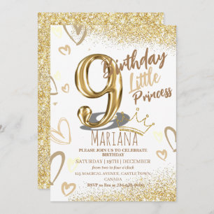 9th Birthday gold glitter Glamourous Girl Party Invitation