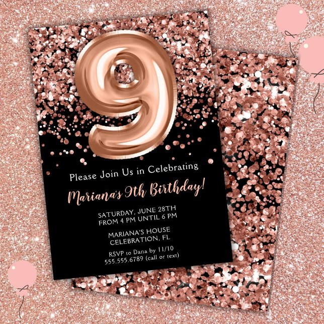 9th Birthday Invitation Black Rose Gold Glitter (Creator Uploaded)