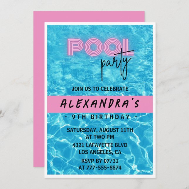 9th birthday invitation for her Pool Party Summer (Front/Back)
