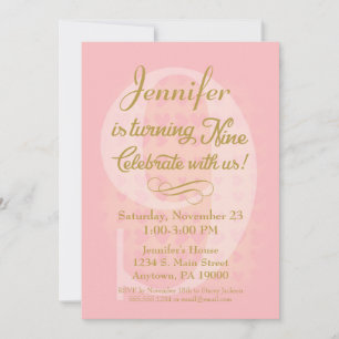 9th Birthday Invitation Girls Pink Gold Hearts
