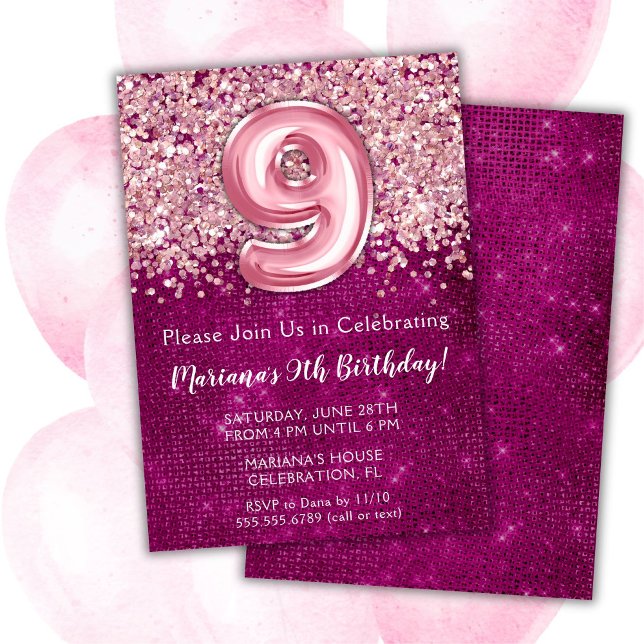 9th Birthday Invitation Girly Magenta Pink Glitter (Creator Uploaded)