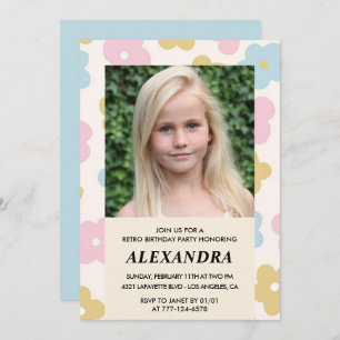 9th birthday invitation Retro Groovy Flowers Cute