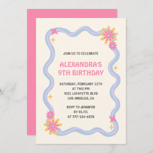 9th birthday invitation Retro Groovy Pink Flowers