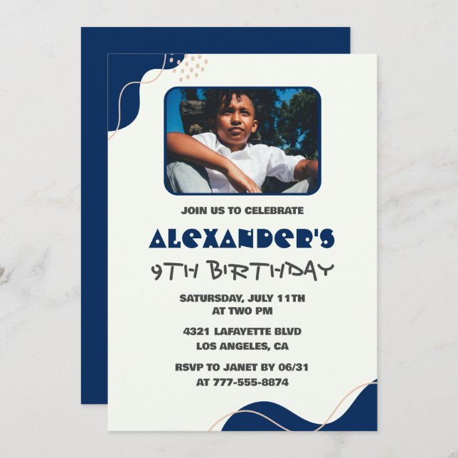 9th birthday invitations Boy Navy Simple Photo (Front/Back)