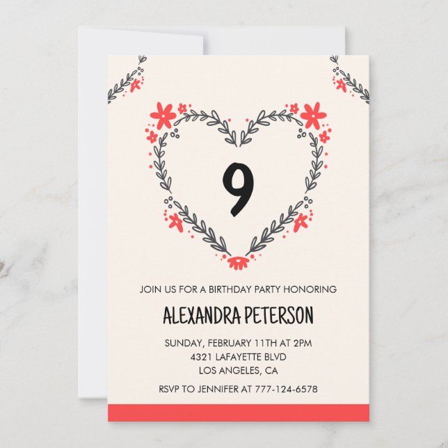 9th birthday invitations for her floral heart (Front)
