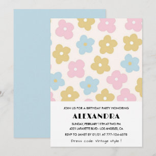 9th birthday invitations Retro Blue Pink Floral