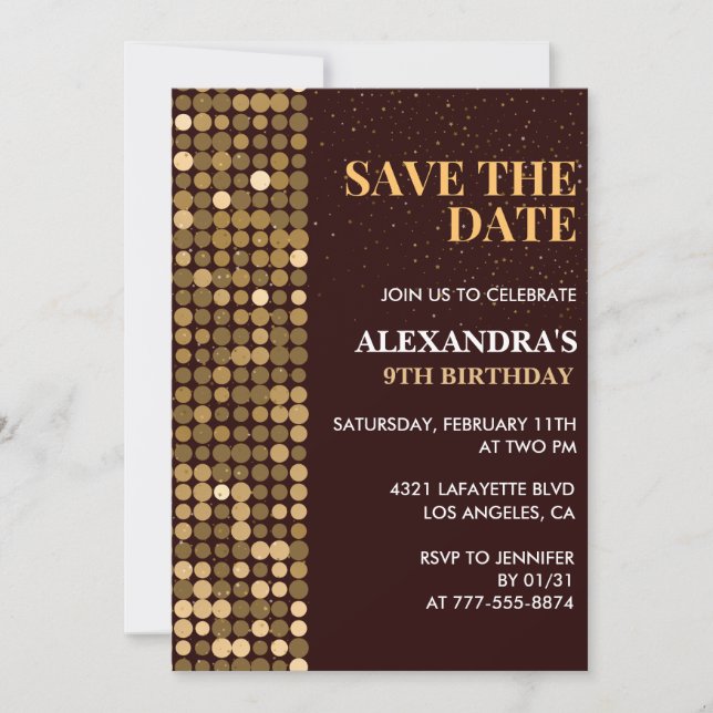 9th birthday invitations Save the date Gold (Front)