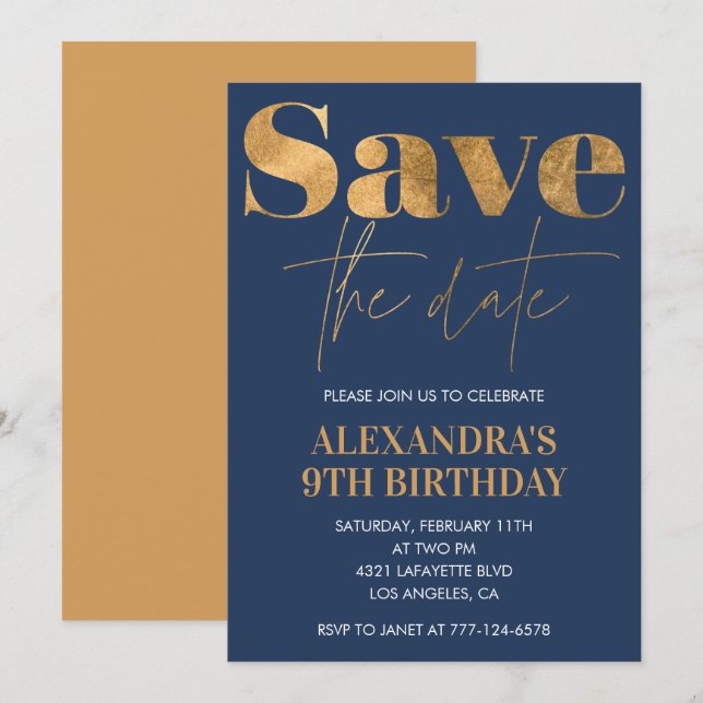 9th birthday invitations Save the date Gold Navy (Front/Back)