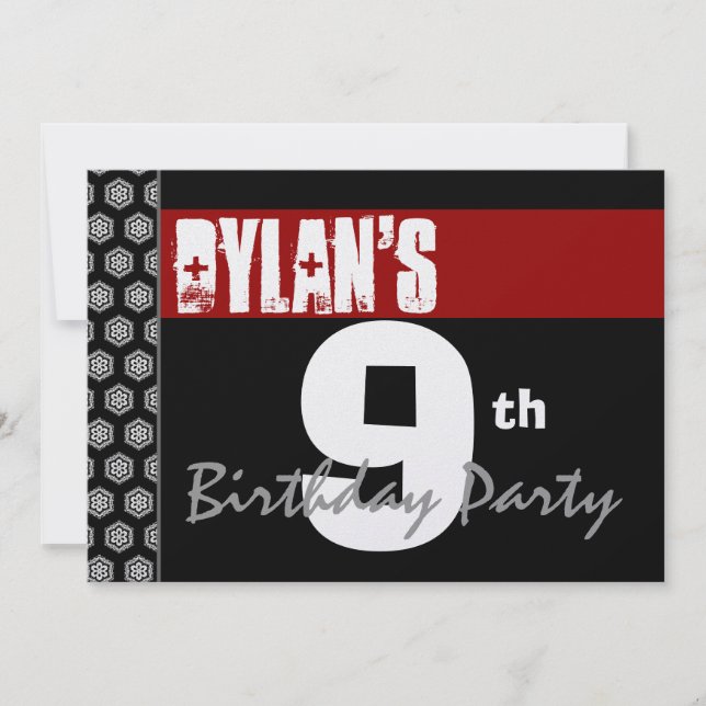 9th Birthday Modern For Him Red White Black W1930 Invitation (Front)