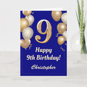 9th Birthday Navy Blue and Gold Balloons Confetti Card