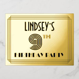 9th Birthday Party ~ Art Deco Style “9” + Name Foil Invitation Postcard