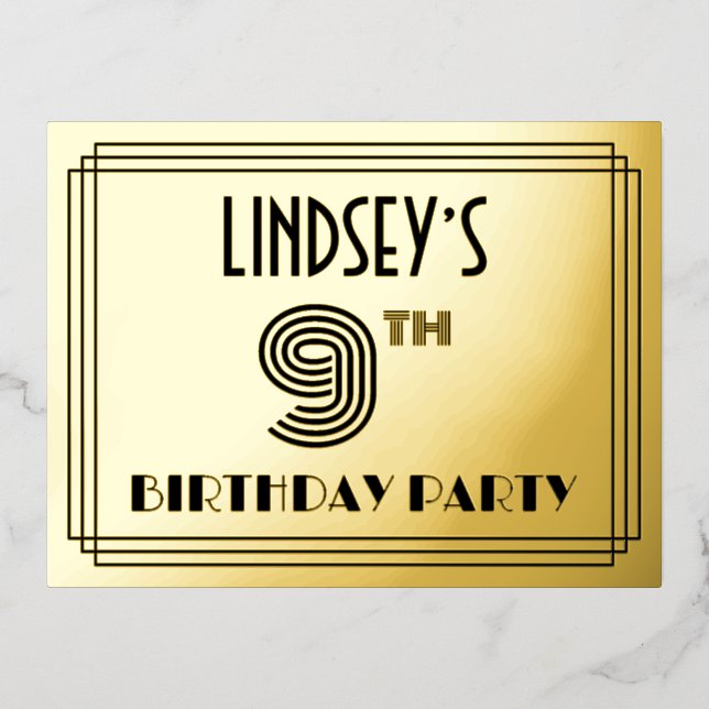 9th Birthday Party ~ Art Deco Style “9” + Name Foil Invitation Postcard (Front)