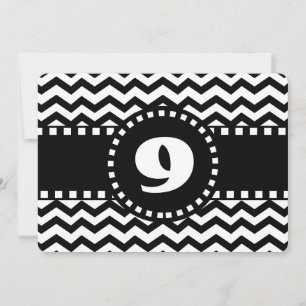 9th Birthday Party Black and White Chevron W09B Invitation