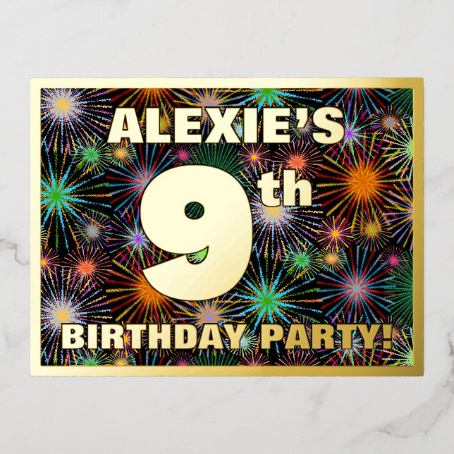 9th Birthday Party: Bold, Colourful Fireworks Look Foil Invitation Postcard (Front)