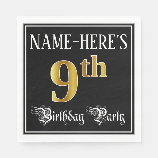 9th Birthday Party — Fancy Script, Faux Gold Look Napkin (Front)