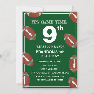 9th Birthday Party Football Green Sport Kids Boy Invitation