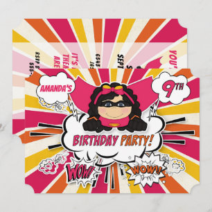 9th Birthday Party Girls Superhero Pink Comic Invi Invitation