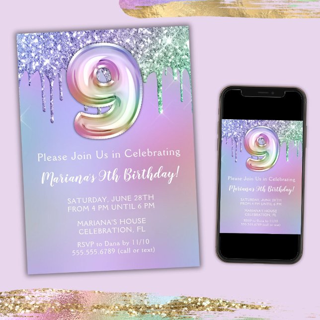 9th Birthday Party Invitation Purple Pink Glitter (Creator Uploaded)