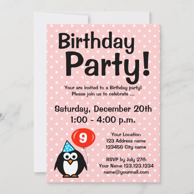 9th Birthday party invitations with funny penguin (Front)