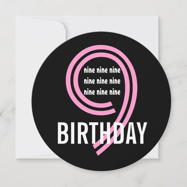 9th Birthday Party Modern Pink and Black W689B2 Invitation (Front)