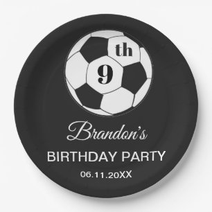 9th Birthday Party Soccer Black Boys Sports Paper Plate