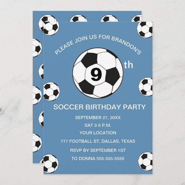 9th Birthday Party Soccer Blue Boys Sports Invitation (Front/Back)