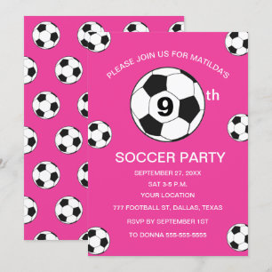 9th Birthday Party Soccer Pink Girls Sports Invitation
