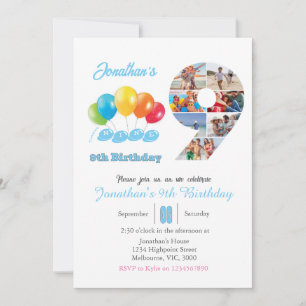 9th birthday photo collage number 9 Boy Invitation