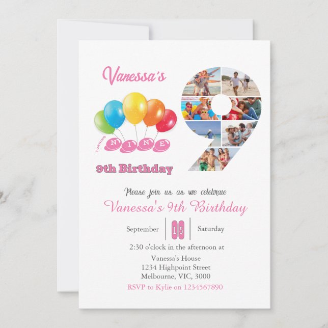 9th birthday photo collage number 9 Girl  Invitation (Front)