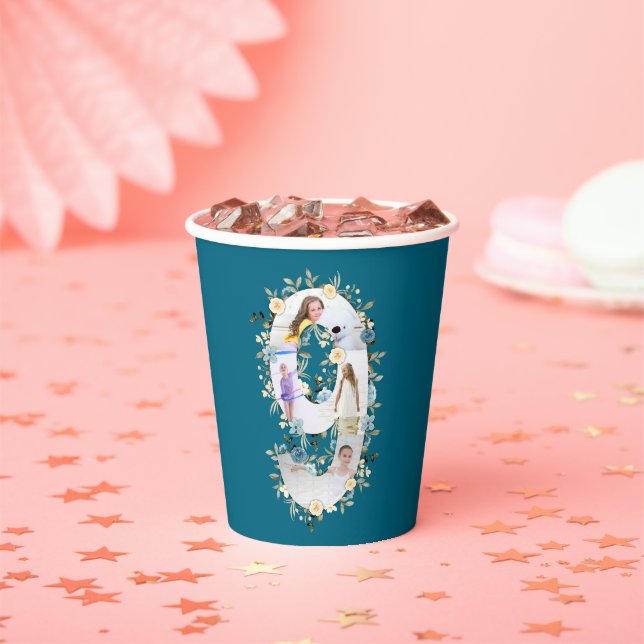 9th Birthday Photo Teal Collage Blue Yellow Flower Paper Cups (Insitu)
