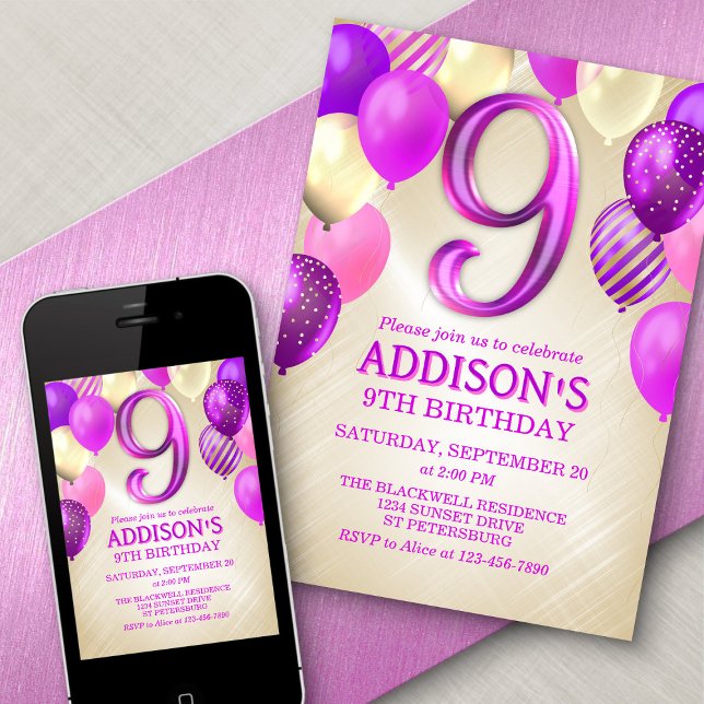 9th Birthday Pink Balloons Invitation (Creator Uploaded)