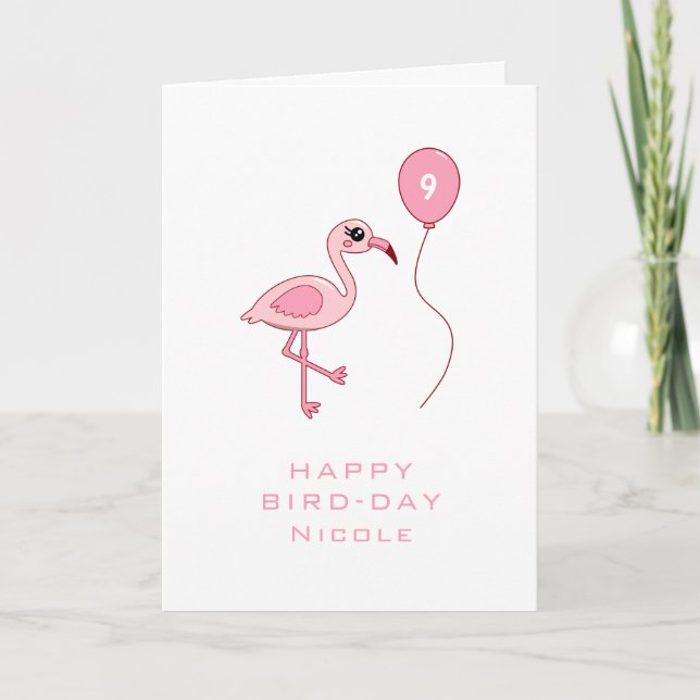 9th Birthday Pink Flamingo Happy Bird-day Card (Front)